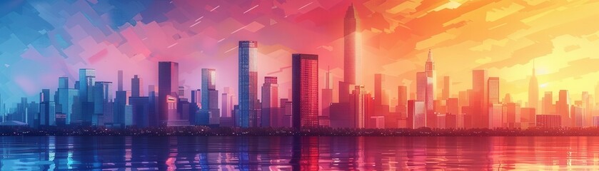 Fototapeta premium Vivid sunset over city skyline reflected in calm water, showcasing modern skyscrapers and colorful sky in a stunning urban scene.