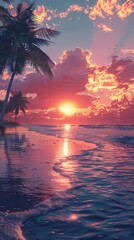 A serene beach sunset with palm trees, vibrant sky colors, and reflective ocean waves, capturing the beauty of nature's end-of-day tranquility.
