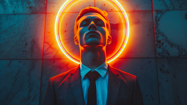 Narcissistic personality disorder concept, a handsome narcissist wearing a stylish suit has a neon halo over his head