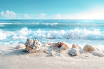 "Beautiful Beach with White Sand, Blue Water, and Sea Shells, Capturing the Essence of a Tropical Paradise"