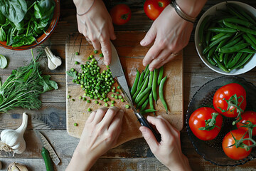 Top View of Womans Hands Cutting Fresh Vegetables on Wooden Table