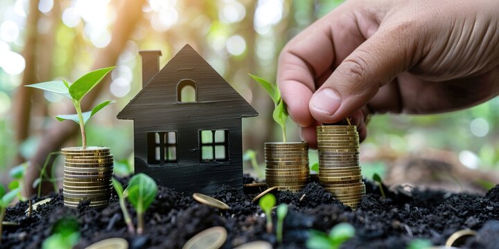 Hand stacking coins near house model with green plants, symboliz