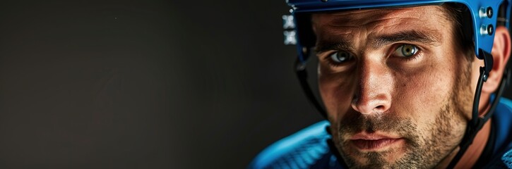 Fototapeta premium Focused hockey player with helmet against dark background, inten