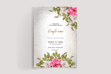 WEDDING INVITATION FRAME WITH FLOWER DECORATIONS AND FRESH LEAVES 