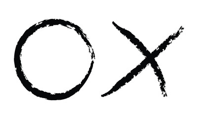 Two dirty grunge cross x and tick OK check marks in check boxes, hand drawn with brush strokes vector illustration isolated on white background. Check mark symbol NO and YES buttons for web vote, etc.