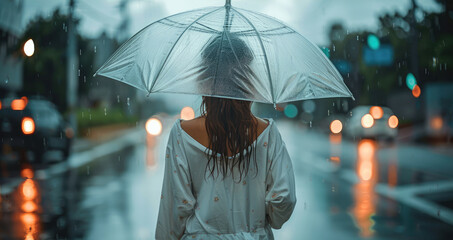 Woman wearing white pajamas holding an umbrella in the street and cloudy weather. after rain. Generative AI.