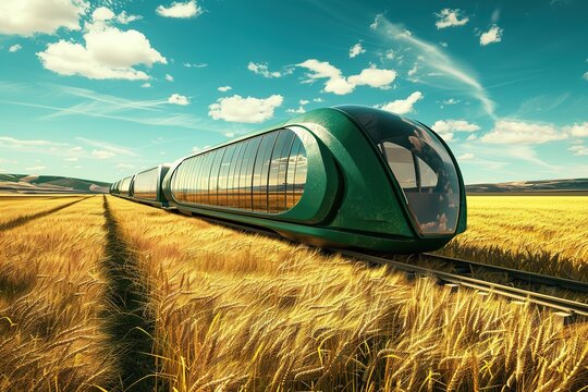 Futuristic green train speeding through golden wheat field under