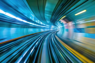 Colorful motion blur of a subway tunnel, speed and perspective e