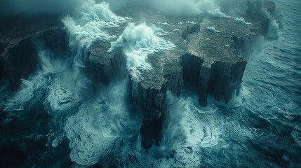 Island cliffs with crashing waves and mist, atmospheric and dramatic seascape concept