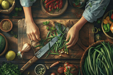 Chinese-Inspired View of Woman Cutting Green Beans on Wooden Table with Knife and Vegetables in Background