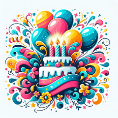 Fototapeta premium Birthday logo. Cake among balloons and confetti