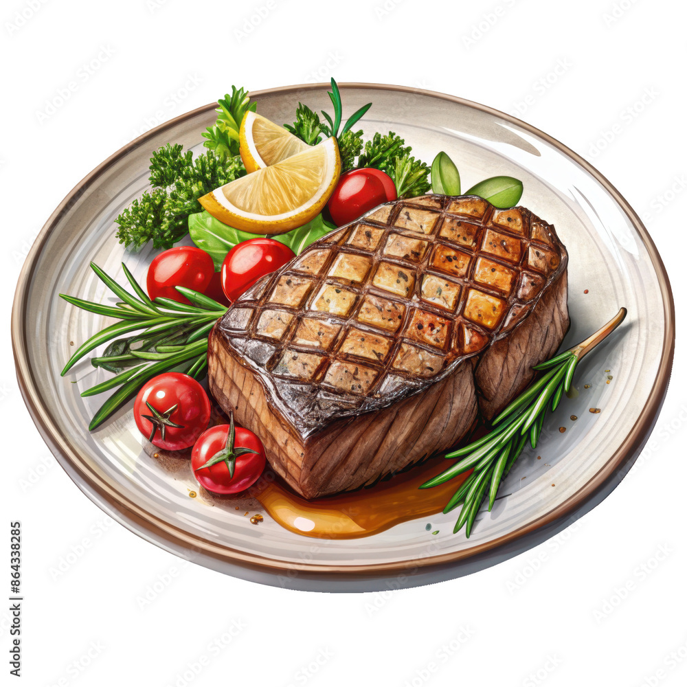 Wall mural watercolor grilled steak plate illustration with vegetables and garnishes, isolated on transparent b