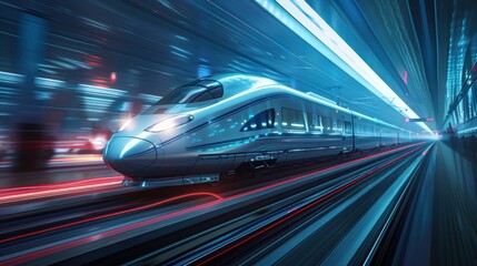 Fototapeta premium Futuristic train speeding through a cityscape at night.