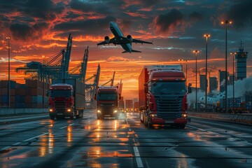 Fototapeta premium A red airplane is flying over a busy highway with several trucks and cars. Logistic concept