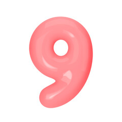 Numeral 9 - Pink Plastic Balloon Number nine Isolated on White Background. 3D Style Vector Illustration