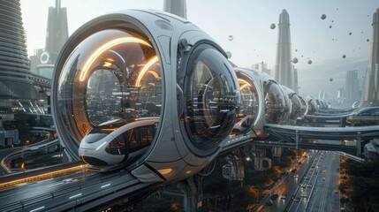 Futuristic train on a magnetic levitation track in a modern city.