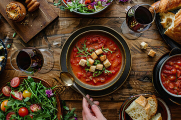 Delicious Dishes on Rustic Wooden Table: Soup, Salad, Wine, and Pastries