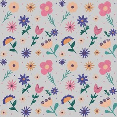 Fototapeta premium A fun hand-drawn pattern of colorful wildflowers, on a gray background, perfect for printing 