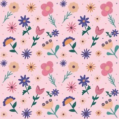 Fototapeta premium A fun hand-drawn pattern of colorful wildflowers, on a pink background, perfect for printing 