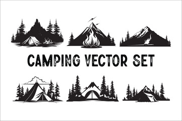 Camping tent Bundle silhouette vector.  Tent and tree vector Byndle. 