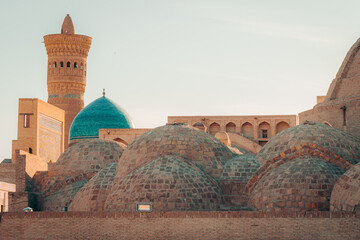 Old city center and poi Kalon minaret in Bukhara, Uzbekistan
