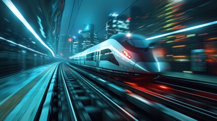 Futuristic train speeding through an illuminated tunnel.
