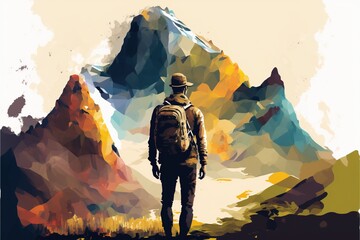 Man in hiking gear facing a mountain