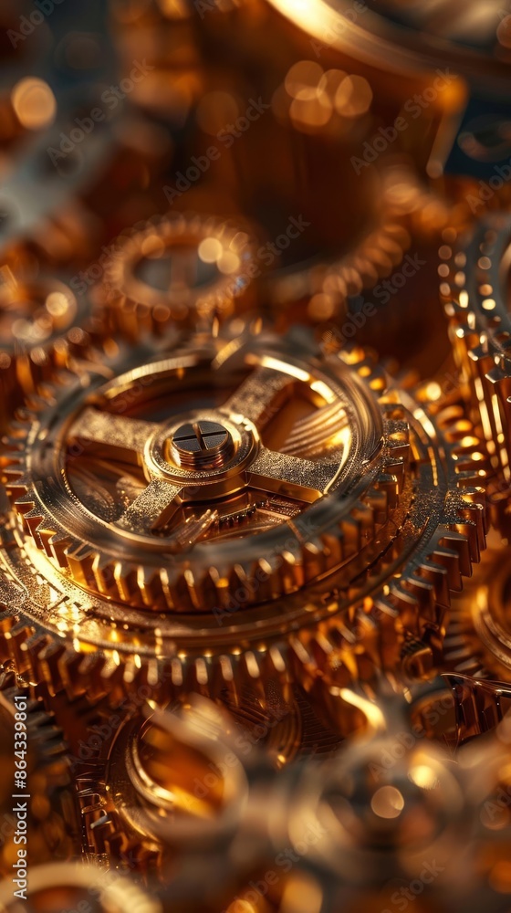 Poster close-up of intricate golden gears and cogs in a mechanical system, showcasing the precision and bea