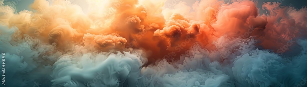 Poster vibrant abstract smoke clouds in orange and blue hues, creating a dynamic and colorful visual effect
