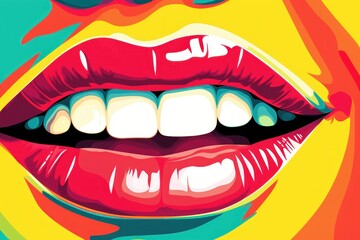 A pop art-inspired illustration of a mouth with oversized, brightly colored teeth.