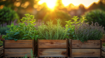 Serene Urban Garden: Wooden Raised Bed with Herbs like Lavender, Thyme, and Rosemary under Sunset Light in City Setting.