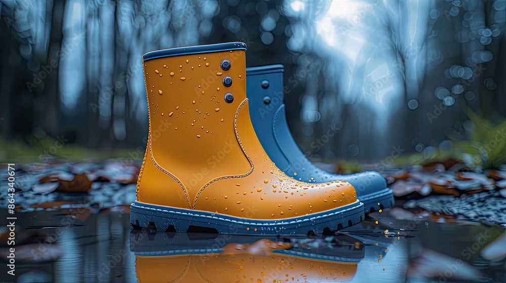 Wall mural close-up of yellow rubber boots in a puddle, with splashes, spring background