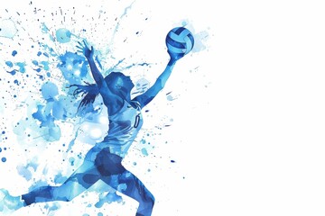 Fototapeta premium Artistic watercolor depiction of volleyball players in action at the Paris 2024 Olympics, showcasing dynamic movement and competitive spirit