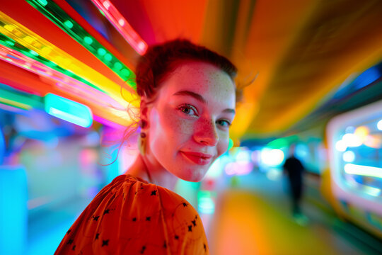 Young woman in vibrant neon light arcade. Generative AI image