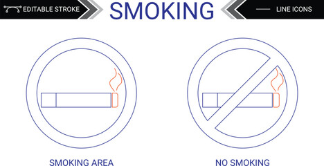 Smoking and No Smoking line icon with editable stroke_Smoking Area_No Smoking Area_ Line Icon_Editable Stroke_Cigar_Cigarette_Bad_Unhealthy_Addiction_Tobacco_Warning_Prohibited zone_Prohibition