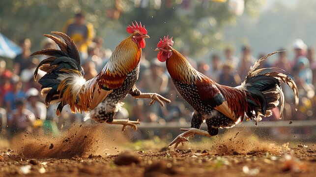 Two roosters were fighting in the middle field, with a crowd watching from the stands. Generative AI.