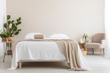 Clean, soft spa massage bed on a white background. Show smooth bedsheets, soft pillows, and fluffy blankets.