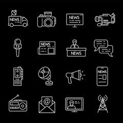 Mass media, white line icons. Icons representing various forms of media and communication. Ideal for journalism and communication themes. Symbols on black background. Editable stroke.