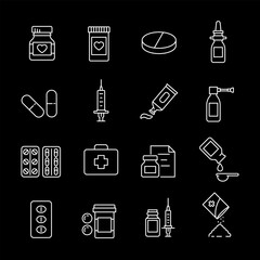 Medications, white line icons. Pharmaceutical drugs in different packages. Essential for healthcare and pharmacy themes. Symbols on black background. Editable stroke.