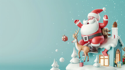 3d cartoon Santa And Reindeer landing on a rooftop