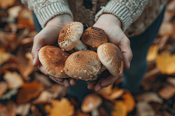 Autumn Mushroom Foraging: Hands Holding Fresh Harvest in Nature