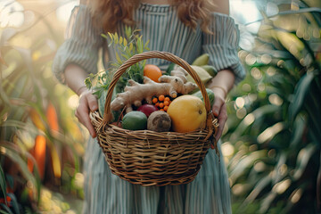Organic Harvest: Womans Hands Holding Basket with Vegetables and Fruits in Pastel Colors, Soft Lighting and Shallow Depth of Field