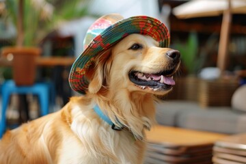 A dog wearing a funny hat.
