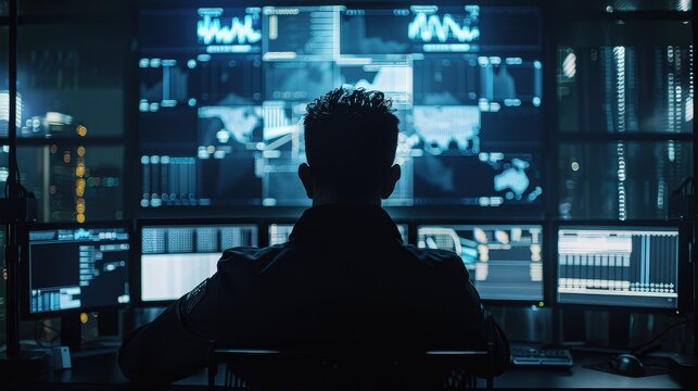 Silhouetted Figure at a Computer Workstation in a Dark Room