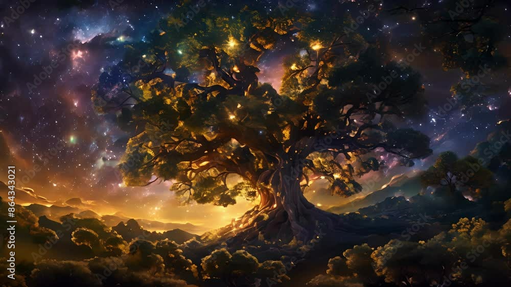 Poster in the center of the garden a giant tree grows its branches reaching towards the stars as if trying 