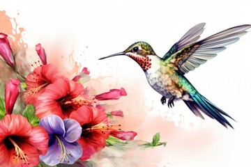 Hummingbird Sucking nectar from flowers on a white background.