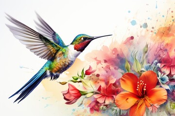 Fototapeta premium Hummingbird Sucking nectar from flowers on a white background.