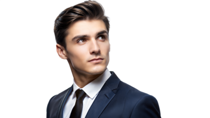 Confident young man in suit looking thoughtful on transparent background