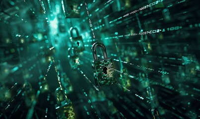 Stylized padlocks and encrypted data streams flowing through a digital matrix