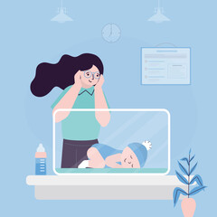 Premature newborn infant lies inside neonatal intensive care unit, mother or pediatric nurse stands beside it and checks. Healthcare and medical care.